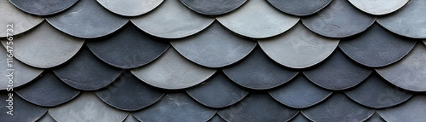 Fototapeta Grey and Black Scaled Pattern Texture, Architectural Design Element Depicting Overlapping Semi-circles in Shades of Grey and Black, Creating a Textured Surface.