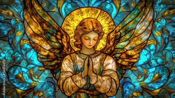 Fototapeta A vivid stained-glass depiction of a serene angelic figure, warm golden tones radiating from the angel, surrounded by intricate floral patterns glowing with vibrant blues and greens. Soft rays of sunl