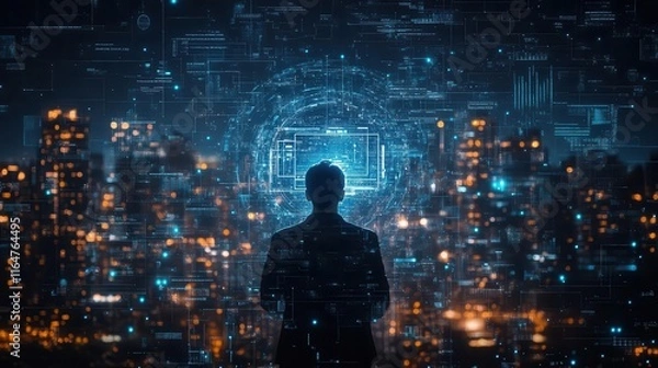 Fototapeta Digital transformation concept, data and cloud visualization merging with real-world business, futuristic overlay of technology and commerce