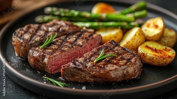 Obraz Grilled steak with char marks, served with roasted potatoes and asparagus, elegant plate presentation, rich and savory food vibe