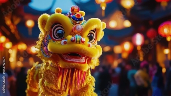 Fototapeta A vibrant lion dance costume in a festive setting with lanterns, celebrating cultural heritage.