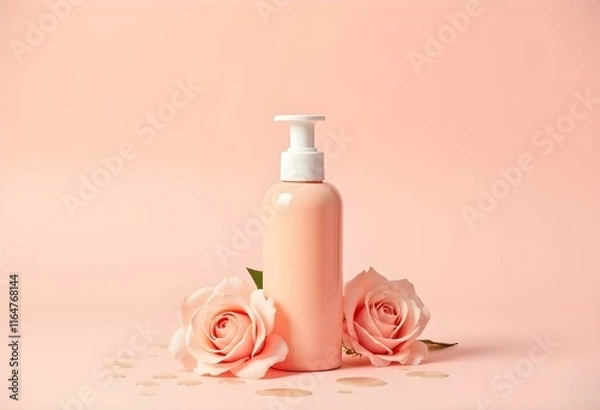 Fototapeta Make Up Bottle Mockup with Pink Peach Background with Flowers