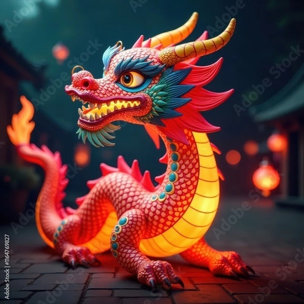 Fototapeta Dragon Lantern with vibrant colors and intricate designs, festive lights, golden dragons