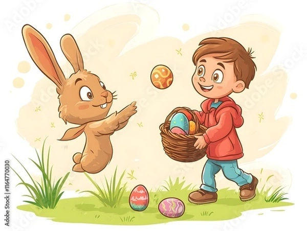 Fototapeta kid trhowing easter eggs and a rabbit holding an easter basket and catches the eggs,no backround, cartoon style