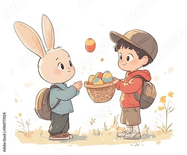 Fototapeta kid trhowing easter eggs and a rabbit holding an easter basket and catches the eggs,no backround, cartoon style