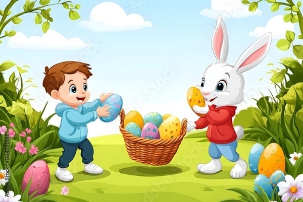 Fototapeta kid trhowing easter eggs and a rabbit holding an easter basket and catches the eggs,no backround, cartoon style