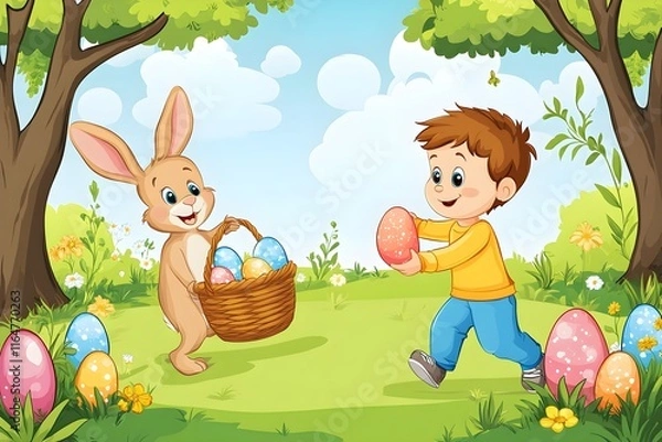Fototapeta kid trhowing easter eggs and a rabbit holding an easter basket and catches the eggs,no backround, cartoon style