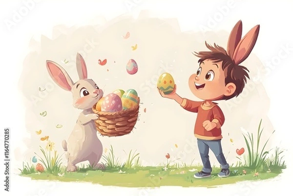 Fototapeta kid trhowing easter eggs and a rabbit holding an easter basket and catches the eggs,no backround, cartoon style