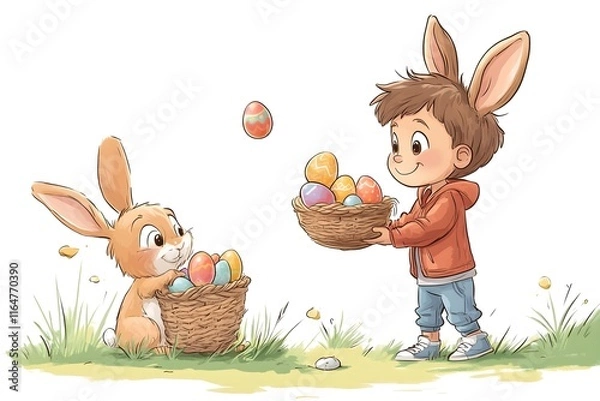 Fototapeta kid trhowing easter eggs and a rabbit holding an easter basket and catches the eggs,no backround, cartoon style,