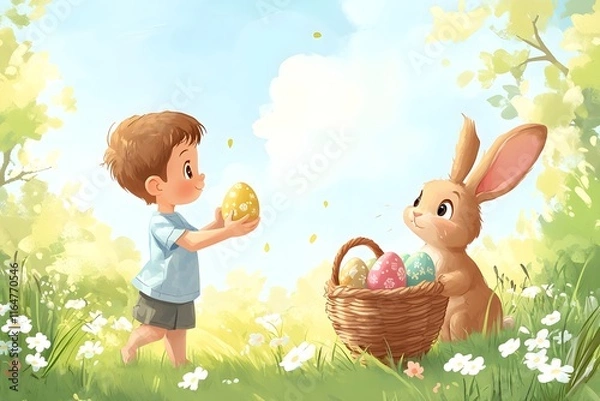Fototapeta kid trhowing easter eggs and a rabbit holding an easter basket and catches the eggs,no backround, cartoon style,