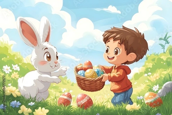 Fototapeta kid trhowing easter eggs and a rabbit holding an easter basket and catches the eggs,no backround, cartoon style,