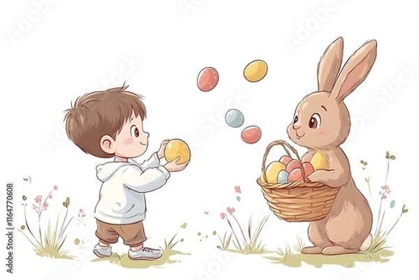 Fototapeta kid trhowing easter eggs and a rabbit holding an easter basket and catches the eggs,no backround, cartoon style,