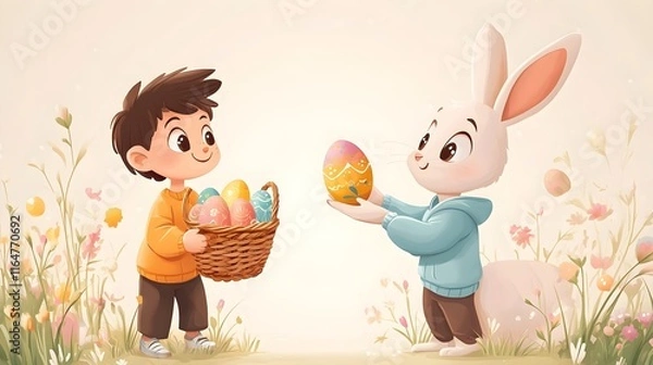 Fototapeta kid trhowing easter eggs and a rabbit holding an easter basket and catches the eggs,no backround, cartoon style,