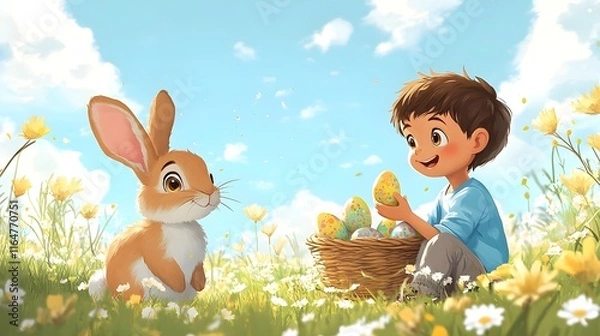 Fototapeta kid trhowing easter eggs and a rabbit holding an easter basket and catches the eggs,no backround, cartoon style,