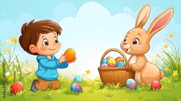 Fototapeta kid trhowing easter eggs and a rabbit holding an easter basket and catches the eggs,no backround, cartoon style,