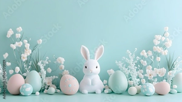Fototapeta kid trhowing easter eggs and a rabbit holding an easter basket and catches the eggs,no backround, cartoon style,