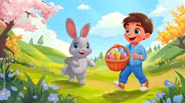 Fototapeta kid trhowing easter eggs and a rabbit holding an easter basket and catches the eggs,no backround, cartoon style,