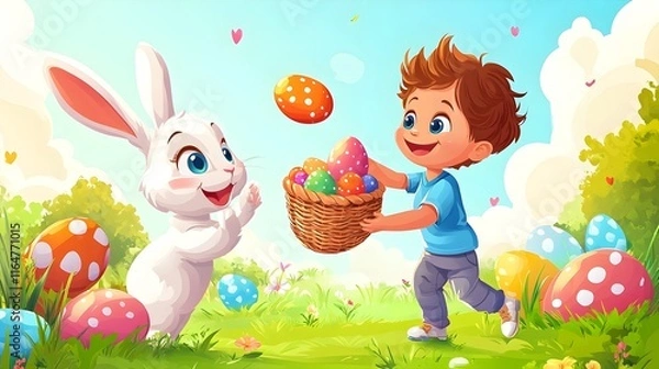 Fototapeta kid trhowing easter eggs and a rabbit holding an easter basket and catches the eggs,no backround, cartoon style,