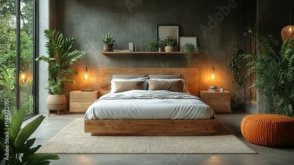 Obraz Modern Bedroom Design With Wooden Bed And Plants