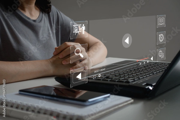 Obraz Online Education Concept. Businesswoman use online education training and e-learning webinar on internet for personal development and professional qualifications. Digital courses to develop new skill.