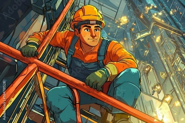 Obraz Cheerful Worker on Scaffold in Bright Cartoon Style
