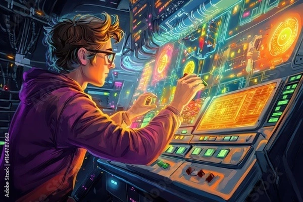 Obraz Whimsical Technician at Control Panel in Cartoon Style