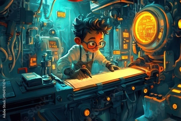 Obraz Whimsical Technician Repairing Conveyor Belt in Cartoon Style