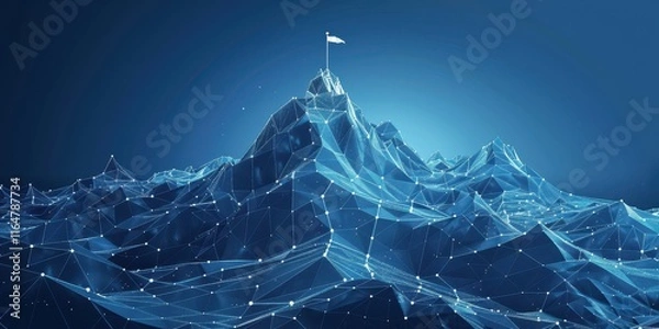 Fototapeta Abstract Digital Mountain Peak With Flag