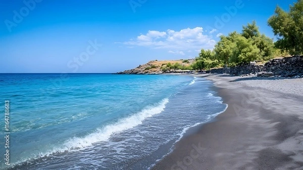 Fototapeta Serene Black Sand Beach with Turquoise Waters