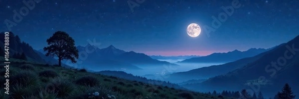 Fototapeta Moonlight shines on a lone zeltplatz under starry night sky with misty mountains afar, tent, zeltplatz