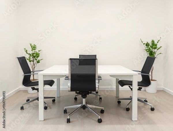 Fototapeta A stylish and clean conference room setup featuring a wooden table, ergonomic chairs, and minimalist decor that exudes professionalism and elegance