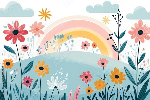 Fototapeta Colorful field of flowers with a rainbow in the sky