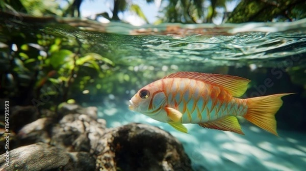 Fototapeta Colorful Fish Swimming Beneath Clear Jungle Water