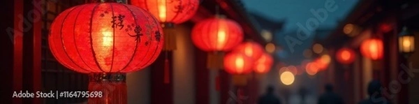 Fototapeta Gleaming red lantern, intricate design, hangs in the dark, symbolising joy of Chinese New Year , spring festival, good fortune