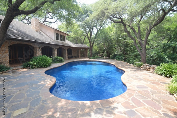 Obraz Stone House, Flagstone Patio, and Freeform Swimming Pool