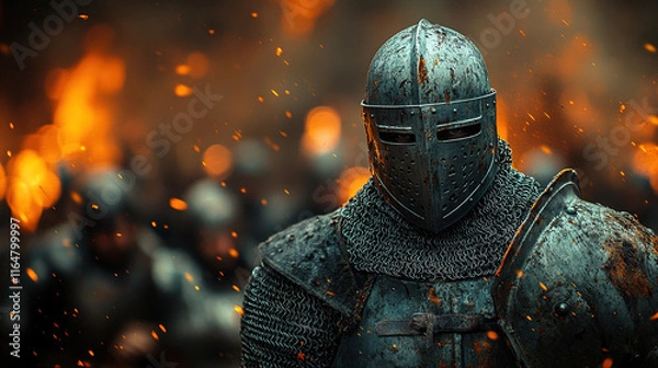 Fototapeta Teutonic Knight in Full Armor with Sword, Medieval Templar Warrior Standing in Battle Stance on Historic Battlefield in the Middle Ages, Dramatic Light and Historical Setting