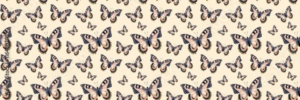 Fototapeta Seamless pattern of different butterfly. Hand-drawn vector insects, isolated on beige background. Spring season concept, Easter, nature.