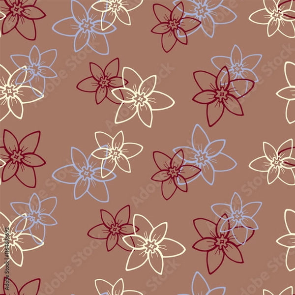 Fototapeta Seamless pattern of hand drawn flowers white, blue, magenta on coffee-brown background. Colorful botanical floral ornament design.