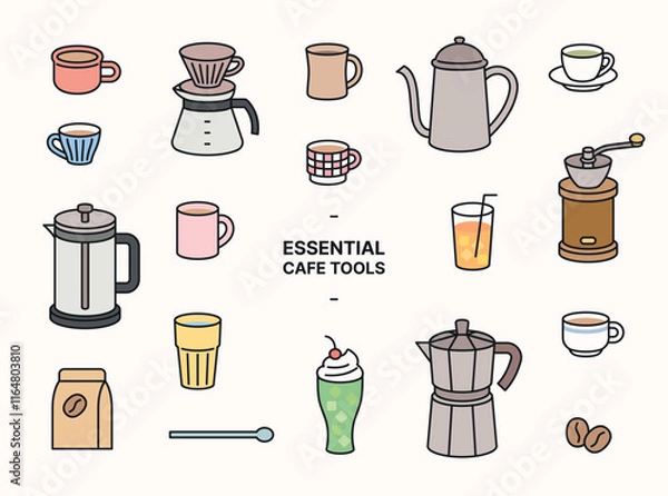 Obraz A collection of coffee supplies and various drinks. simple outline object illustration.