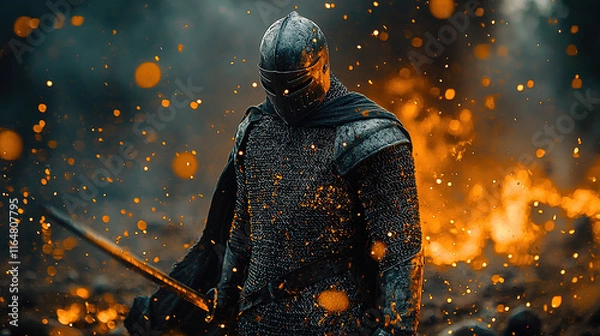 Fototapeta Teutonic Knight in Full Armor with Sword, Medieval Templar Warrior Standing in Battle Stance on Historic Battlefield in the Middle Ages, Dramatic Light and Historical Setting