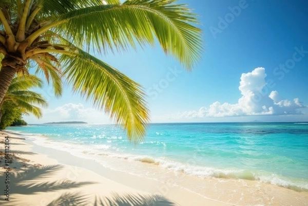 Fototapeta Serene Tropical Beach with Palm Trees and Crystal Clear Water