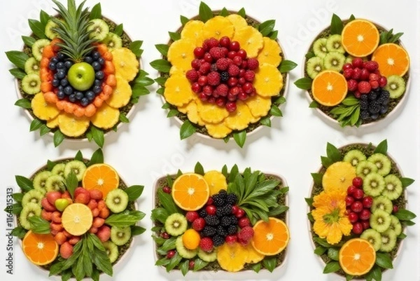 Fototapeta Tropical fruit platters arranged in geometric patterns