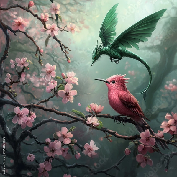 Obraz A pink bird sits quietly on a branch of a flowering chamber and a green dragon with a tail flies above it