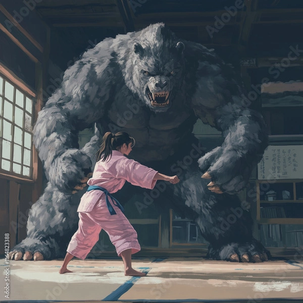 Obraz  A young woman in a pink kimono stands on a tatami mat facing a huge, powerful black monster with a toothy mouth. A metaphorical representation of confronting one's inner fears