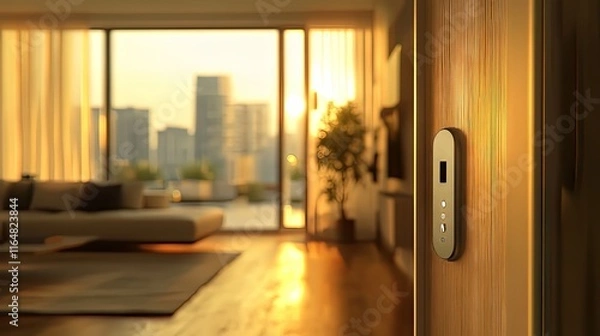 Fototapeta Sunset view from a modern apartment with a focus on the door panel.