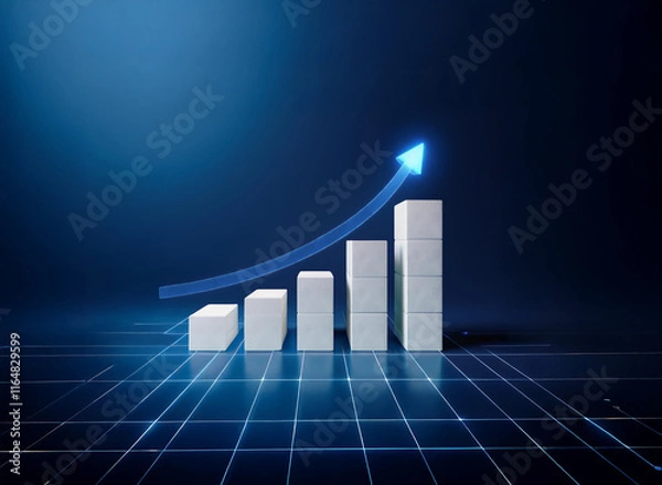 Fototapeta Ascending bar graph showcases exponential growth with a luminous blue arrow pointing upward against a dark blue, gridded background.  The image symbolizes progress and success.