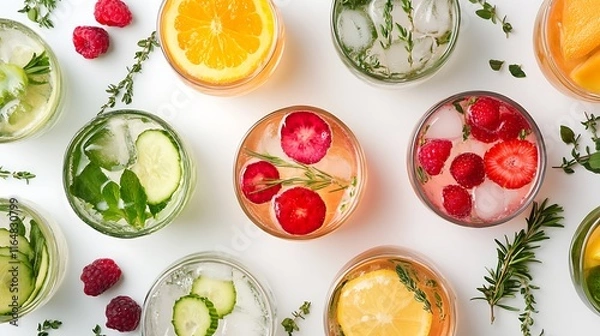 Fototapeta An overhead view of detox water surrounded by fresh fruits and herbs arranged on a white surface 