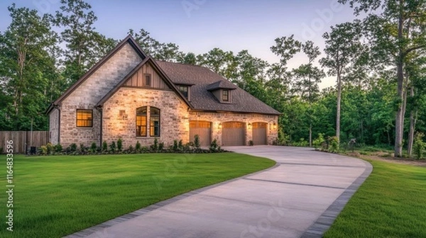 Fototapeta Luxurious stone house with landscaped yard and driveway at dusk.