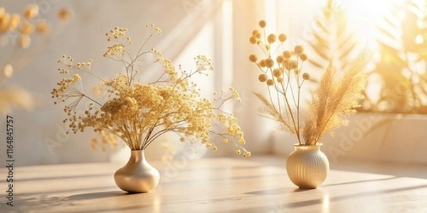 Fototapeta Golden Hour Dried Floral Arrangements in Elegant Vases
