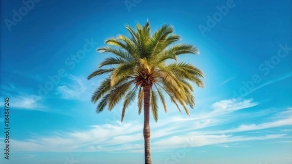 Fototapeta Serene Palm Tree Silhouetted Against a Vivid Azure Sky with Wispy Clouds
